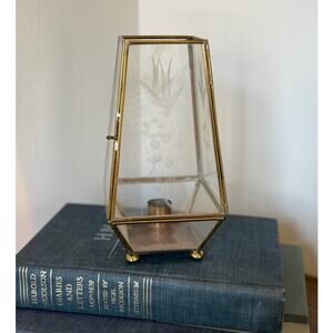 Vintage Brass & Glass Taper Candle Display Case Footed Flower Etching Balos